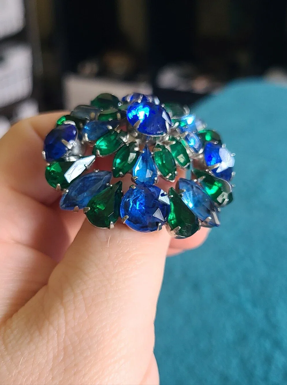 Vintage Blue and Green Crystal Floral Brooch - Women Jewelry